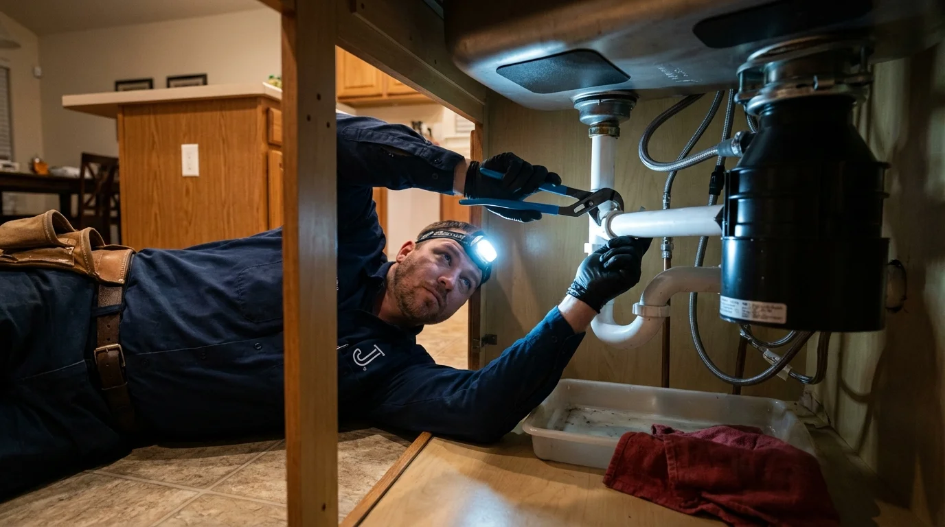 P-trap and supply line connections under a kitchen sink showing a common leak point in Washington, UT